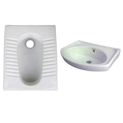 Belmonte Ceramic Combo of Indian Toilet/Commode/Orissa Pan 20 Inch x 16 Inch x 10.5 Inch with Wall Mounted/Wall Hung Wash Basin 402 18 Inch x 12 Inch for Bathroom/Washroom