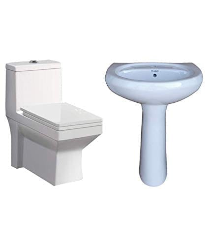 Belmonte Ceramic Combo of Floor Mounted One Piece Western Toilet/Water Closet/Commode/EWC Ripone S Trap 230mm / 9 Inch with Pedestal/Stand Wash Basin Cera 22 Inch x 16 Inch