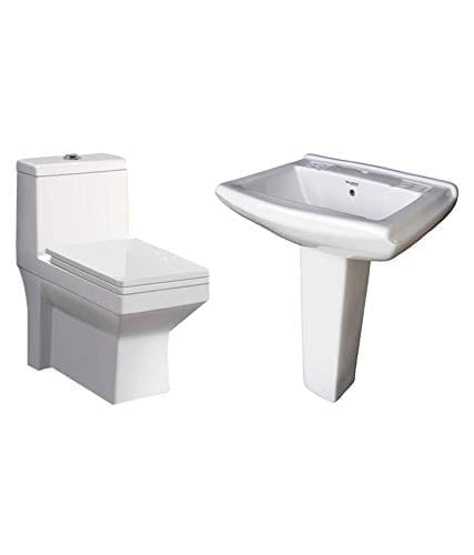 Belmonte Combo of Ceramic Floor Mounted One Piece Western Toilet/Commode/Water Closet/EWC Ripone S Trap 230mm/9 Inch with Stand/Pedestal Wash Basin Sofia 23 Inch x 18 Inch for Washroom