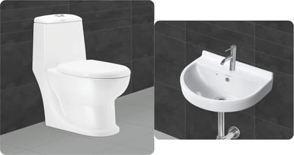 Belmonte Ceramic One Piece Western Toilet Commode Water Closet Ewc Cardin Floor Mounted Outlet Location Floor Side Bottom S Trap 225mm 9 Inch with Wash Basin and Soft Close Toilet Seat Cover - White