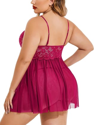 FASHION BONES - Babydoll Honeymoon First Night Dress For Plus Size Women With G-String Panty Lingerie Wear- Wine Color 1pc FASHION BONES - Babydoll Honeymoon First Night Dress For Plus Size Women With G-String Panty Lingerie Wear- Wine Color 1pc