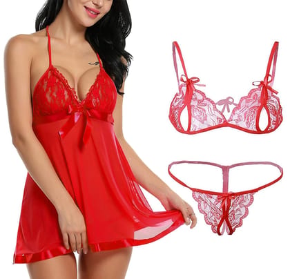 FASHION BONES Women Babydoll Nightwear Lace Bra Panty Lingerie Set, Combo (Free Size) Fit Small to Large FASHION BONES Women Babydoll Nightwear Lace Bra Panty Lingerie Set, Combo (Free Size) Fit Small to Large