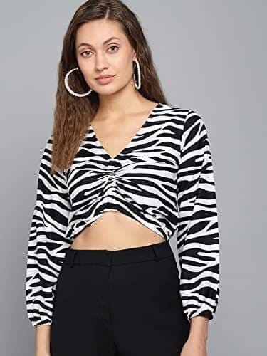 Kulfi Gathered Sleeve Animal Print Crop Top