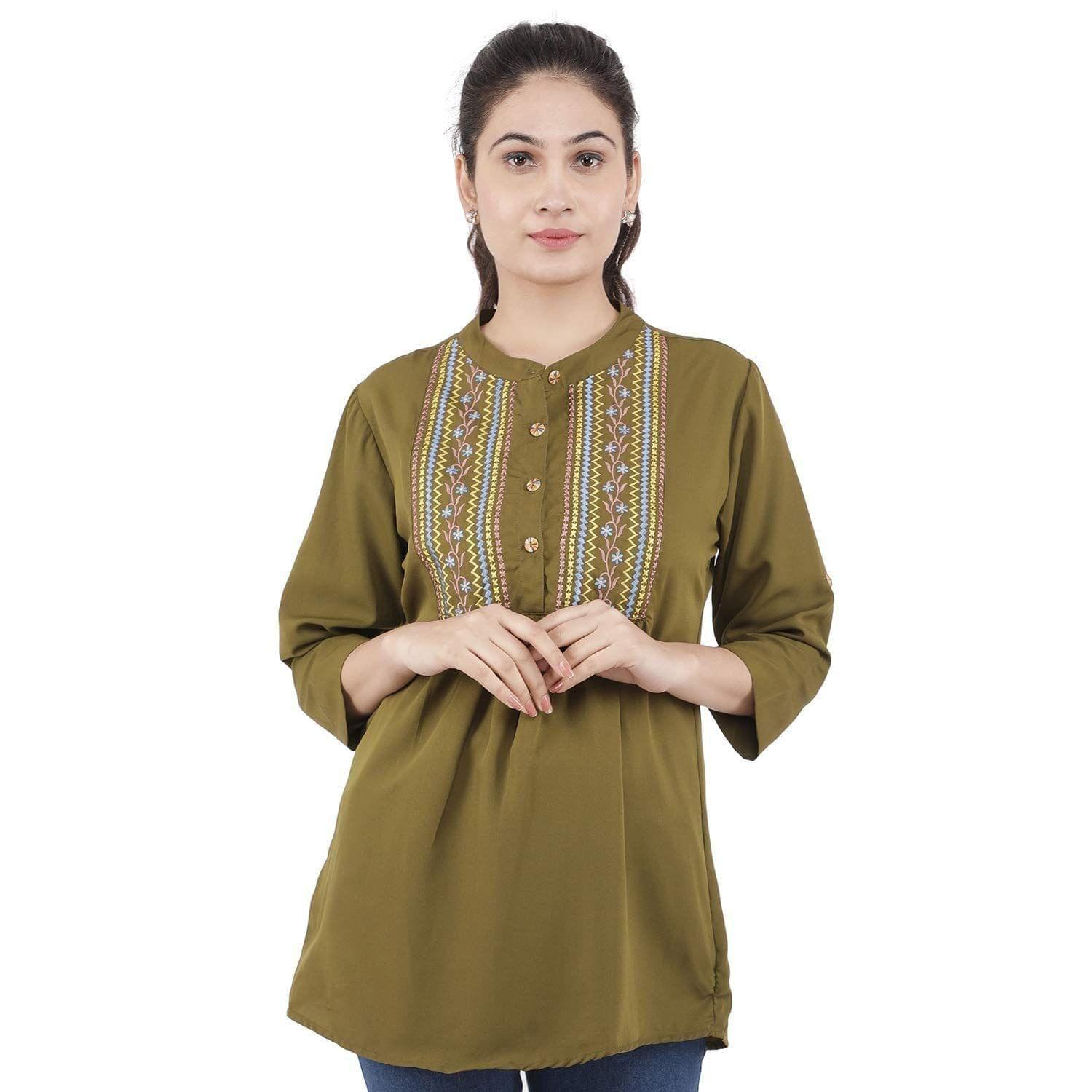 KULFI Women's Dark Green Floral Embroidered Polyester Tunic