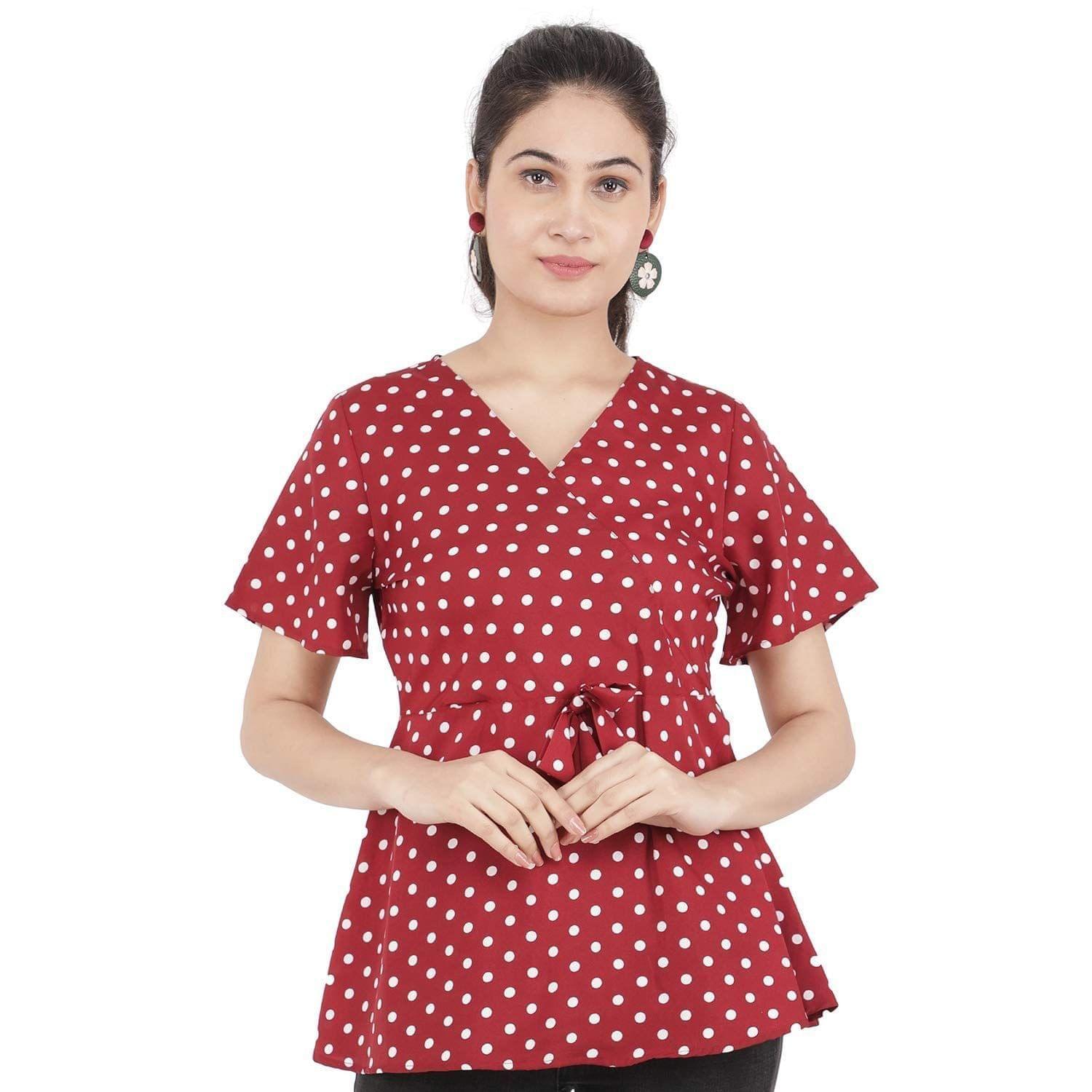 KULFI Women's Maroon Color Polka Dots Printed Polyester Top