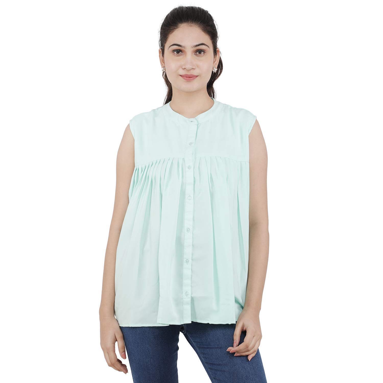KULFI Women's Blue Color Sleeveless Solid Polyester Top