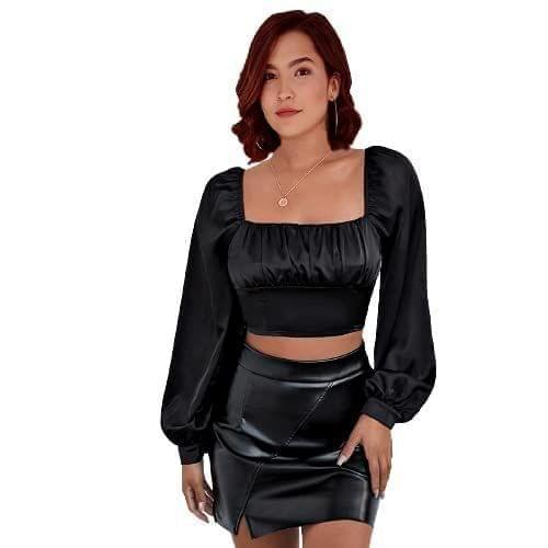 Kulfi Ruched Women's Bust Lantern Sleeve Top (Black, XL)