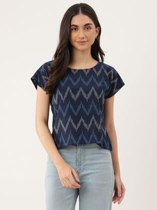 Navy blue & beige regular top Geometric print Boat neck, short, extended sleeves Woven cotton