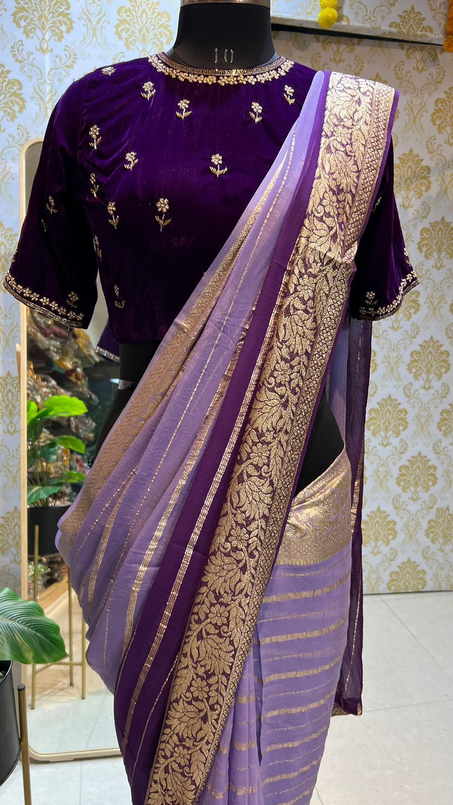 Ombre light & Purple georgette saree with handwork blouse