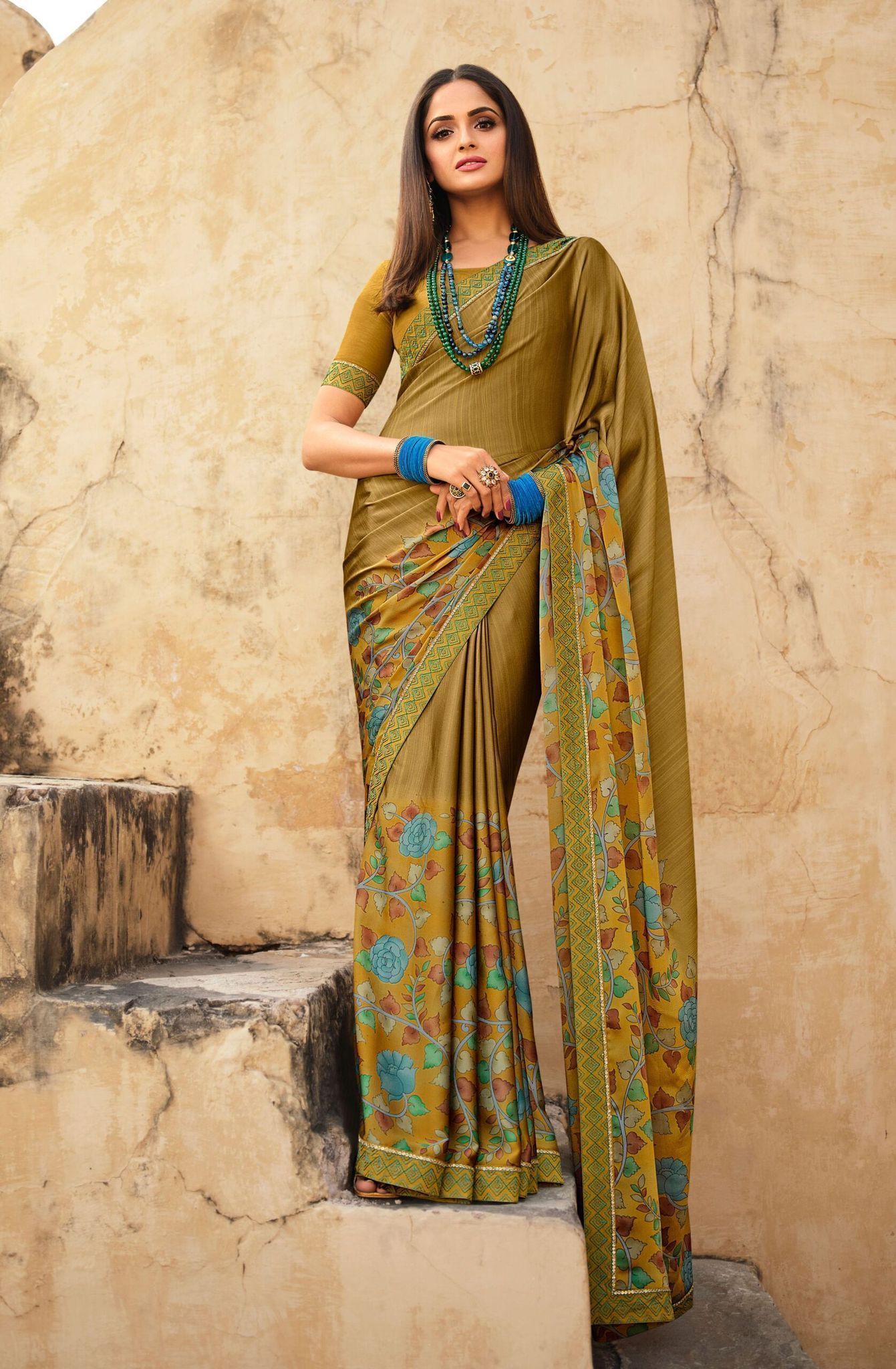 Olive Green Color Elegant Moss Chiffon Fabric Printed Saree With Fancy Thread Work Border And Olive Green Fancy Thread Work Blouse Material.