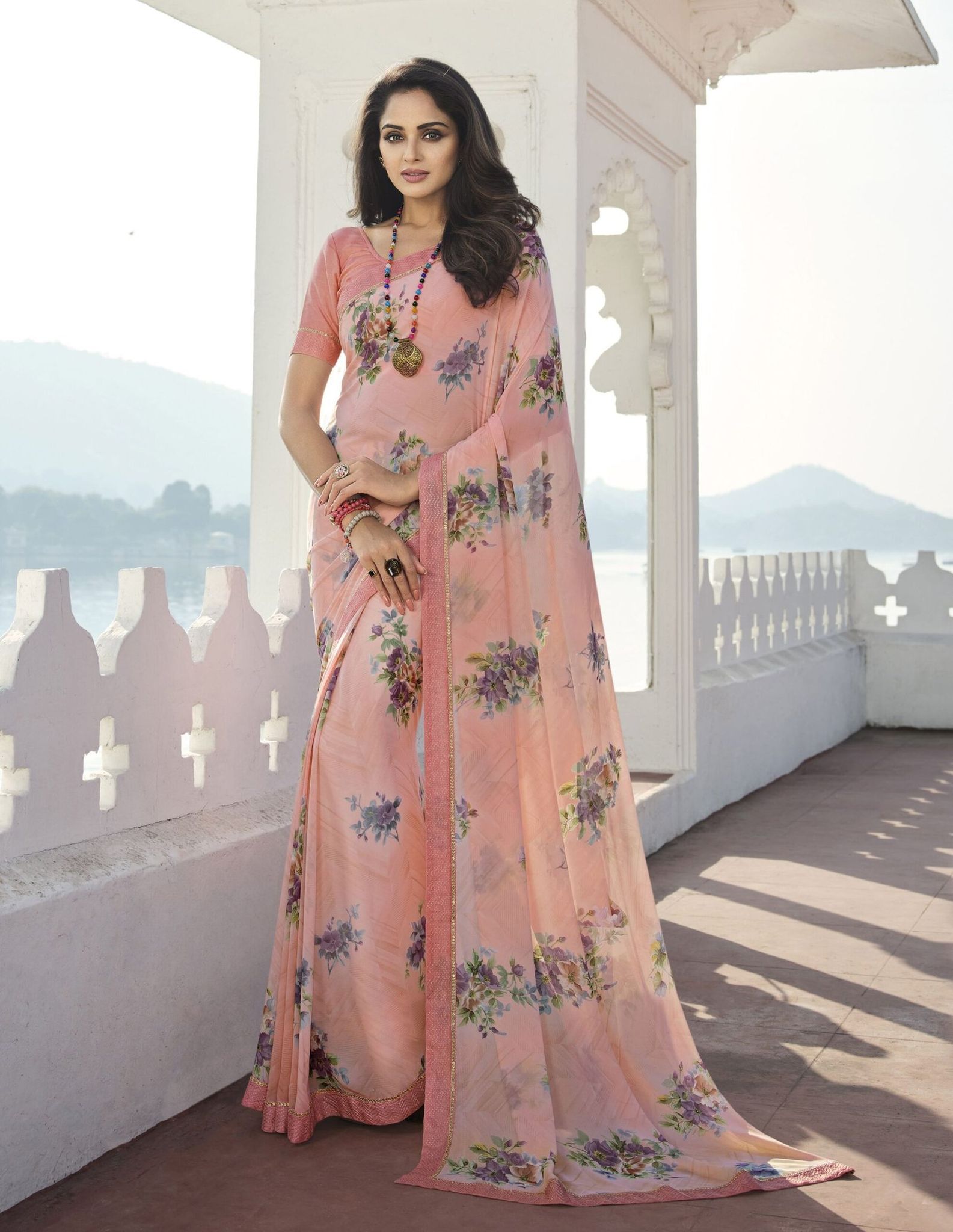 Peach Color Floral Print Georgette Fabric Printed Saree With Fancy Attached Work Border And Peach Fancy Blouse Material