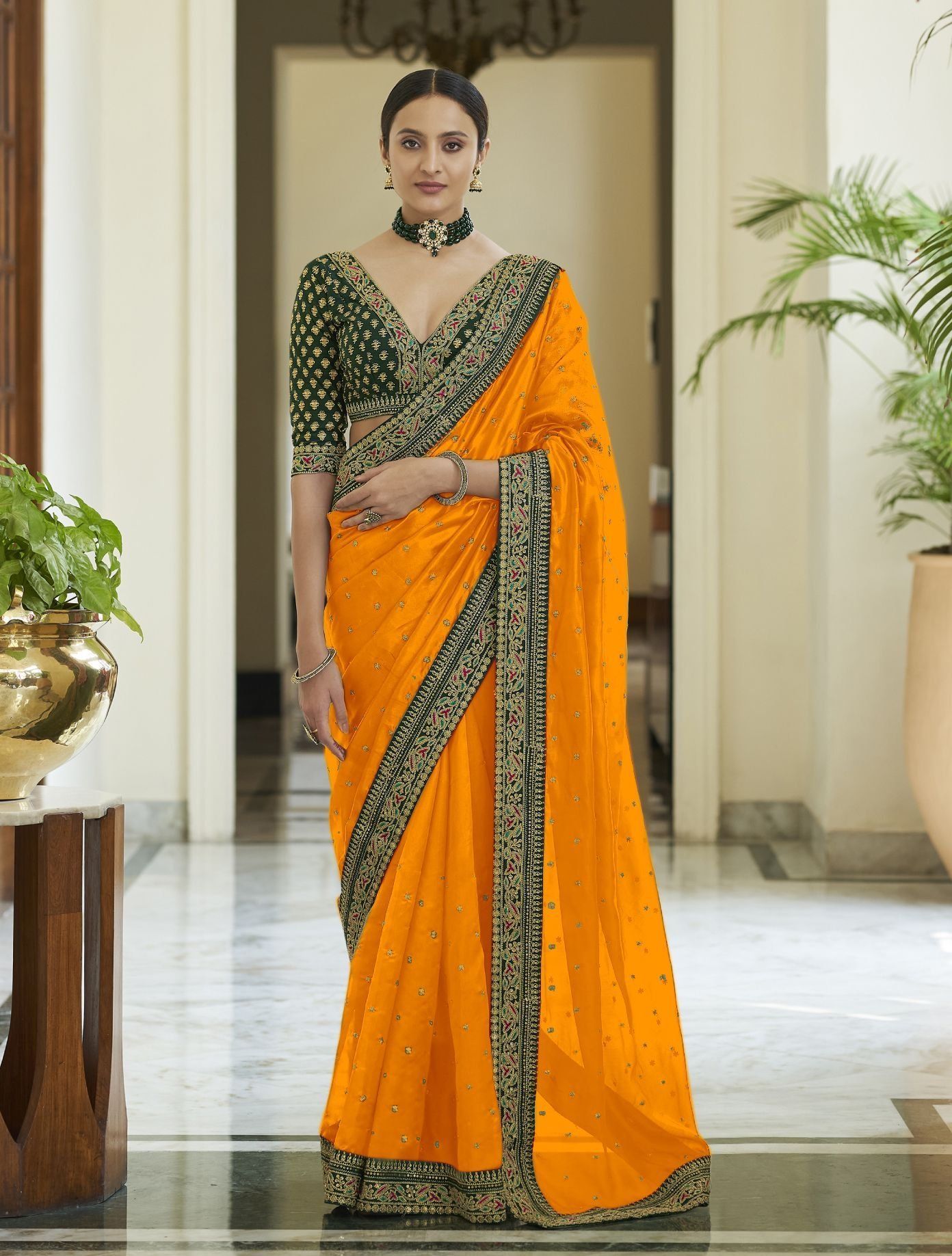 Orange Vichitra Silk Sarees With Heavy Work Border And Fancy Thread Work Blouse Piece