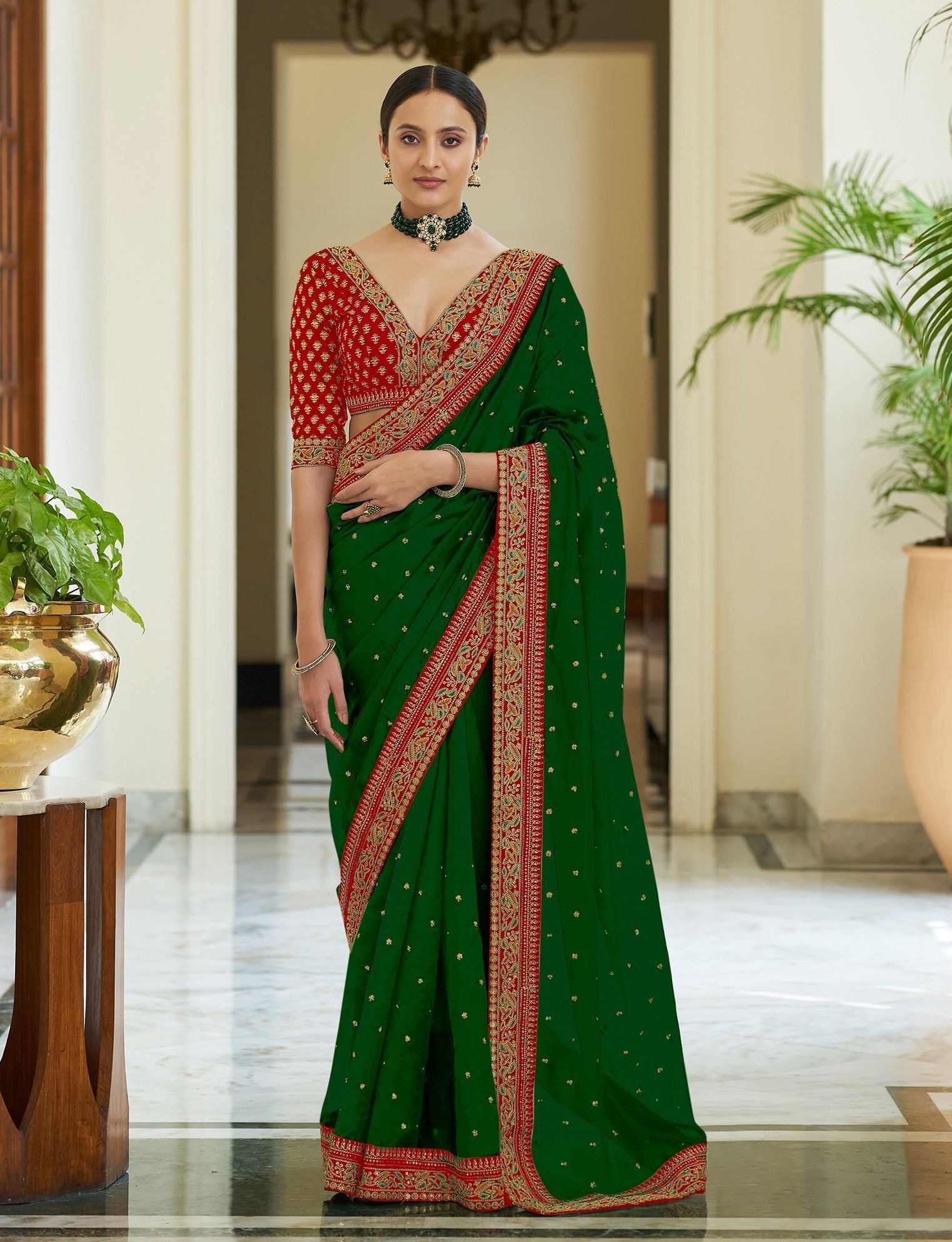 Green Vichitra Silk Sarees With Heavy Work Border And Fancy Thread Work Blouse Piece