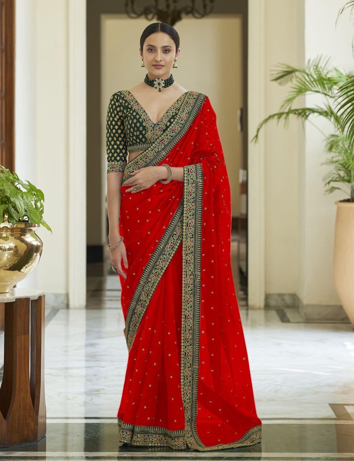 Red Vichitra Silk Sarees With Heavy Work Border And Fancy Thread Work Blouse Piece