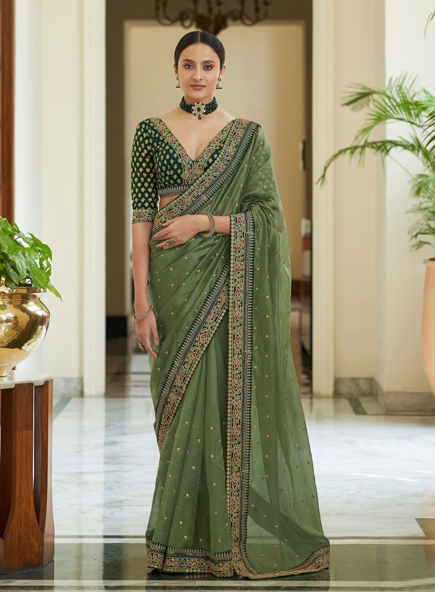 Sea Green Vichitra Silk Sarees With Heavy Work Border And Fancy Thread Work Blouse Piece
