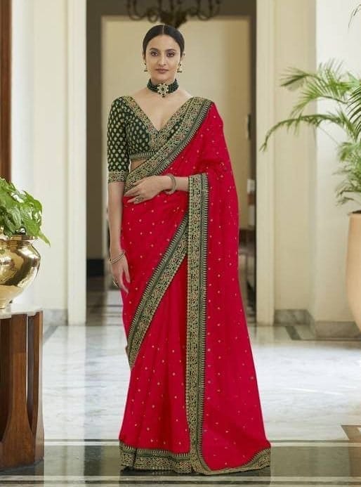 Rani Pink Vichitra Silk Sarees With Heavy Work Border And Fancy Thread Work Blouse Piece