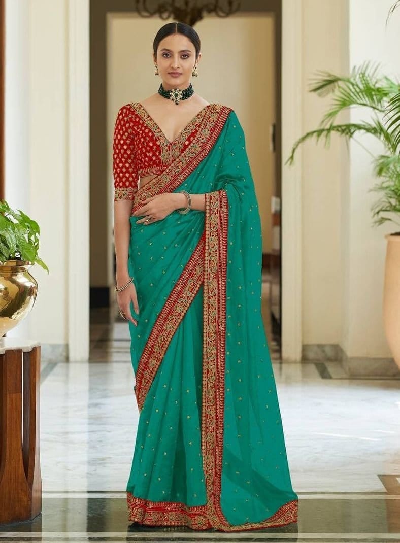 Turquoise Vichitra Silk Sarees With Heavy Work Border And Fancy Thread Work Blouse Piece
