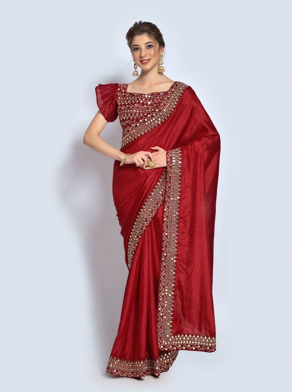 Maroon Vichitra Silk Sarees With Sequence & Embroidery Border And Fancy Sequence & Embroidery Blouse Piece