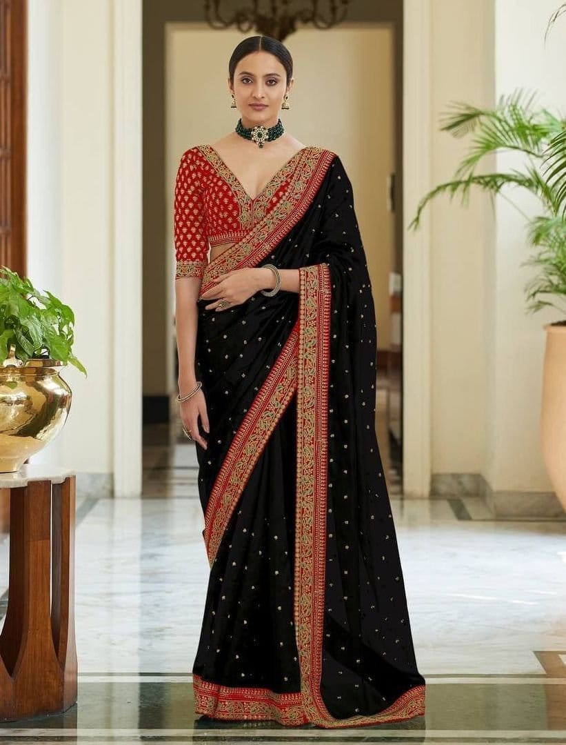 Black Vichitra Silk Sarees With Heavy Work Border And Fancy Thread Work Blouse Piece