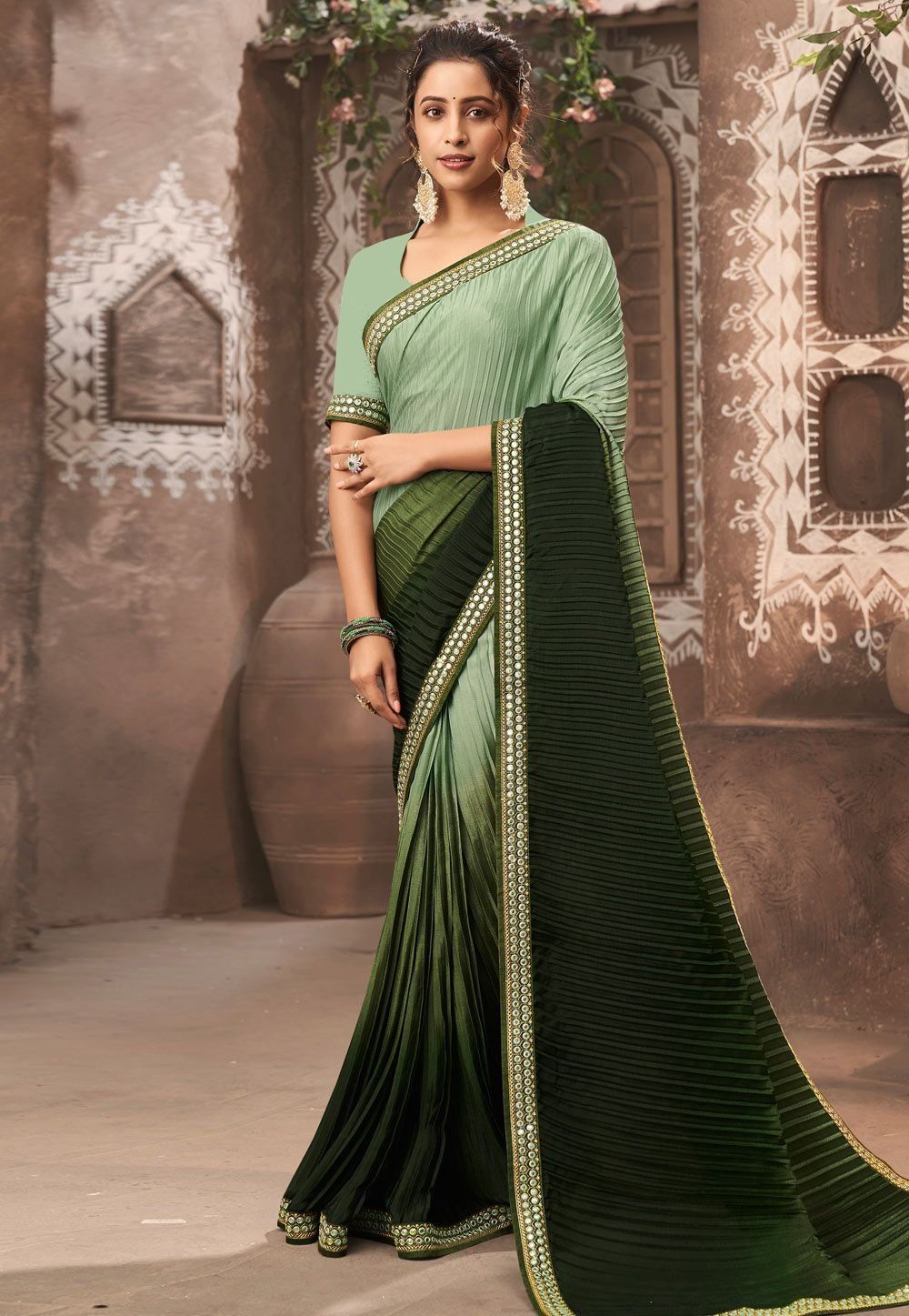 Multicolor Vichitra Silk Sarees With Mirror Work Border And Fancy Blouse Piece