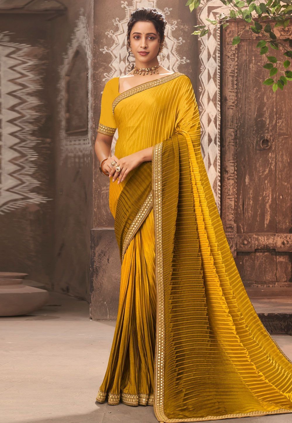 Mustard Vichitra Silk Sarees With Mirror Work Border And Fancy Blouse Piece