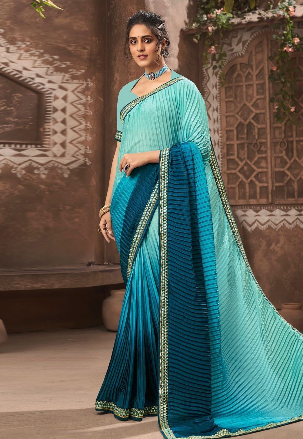 Multicolor Vichitra Silk Sarees With Mirror Work Border And Fancy Blouse Piece