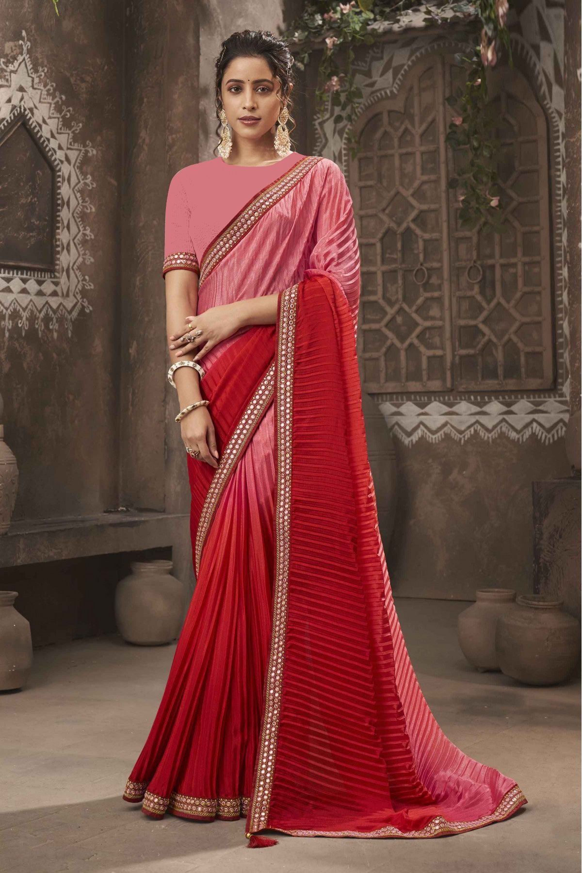 Multicolor Vichitra Silk Sarees With Mirror Work Border And Fancy Blouse Piece
