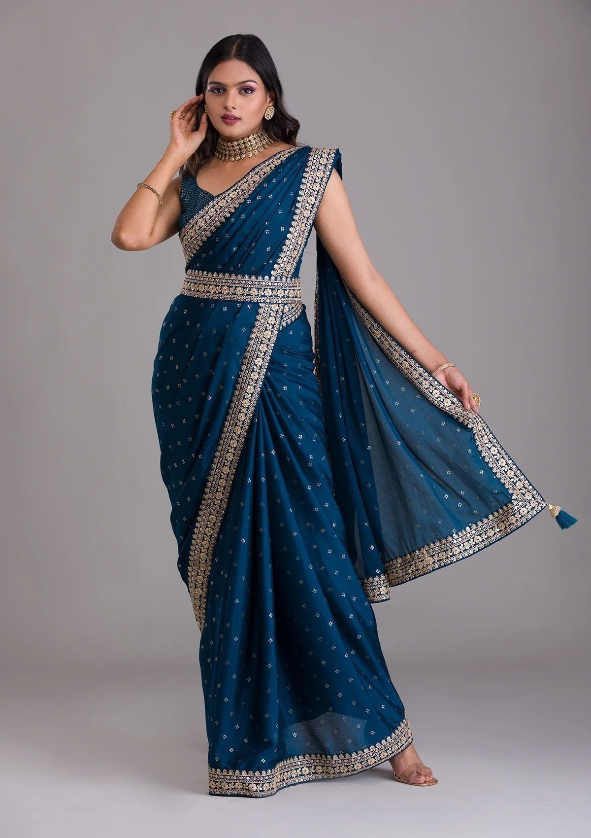 Blue Chinon Silk Sarees with Heavy Zari Embroidery Sequence Work Lace Border And Fancy Sequence, Embroidery Blouse Piece