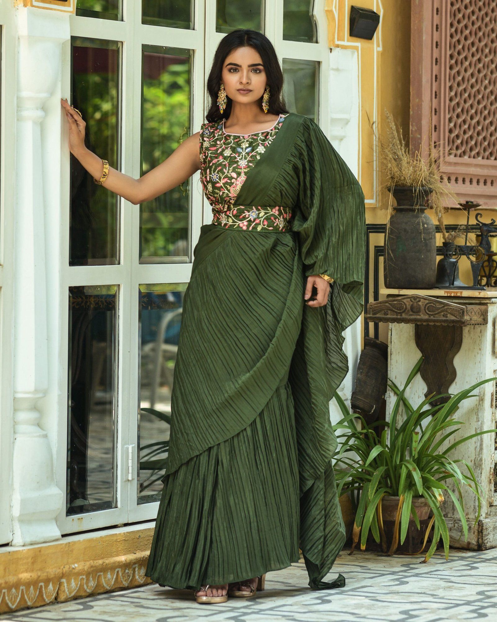 Green Chinon Silk Sarees And Fancy Heavy Multi Sequence Work Blouse Piece