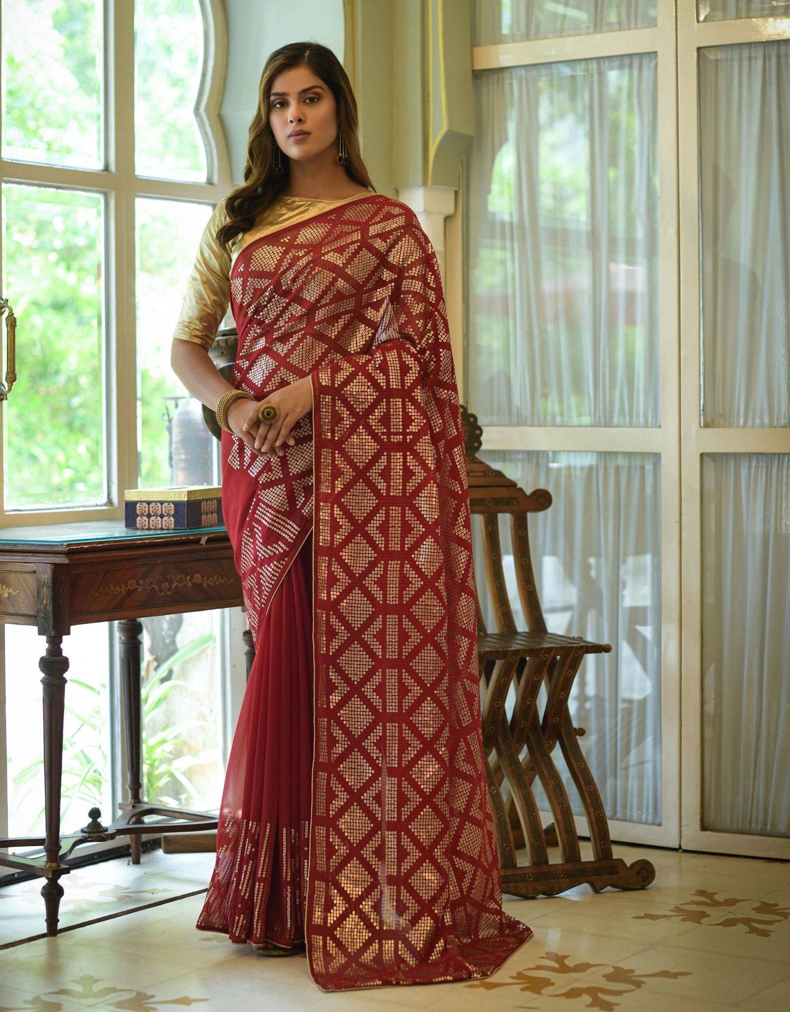Red Chinon Silk Sarees with Heavy Zari Embroidery Sequence Work Lace Border And Fancy Sequence, Embroidery Blouse Piece