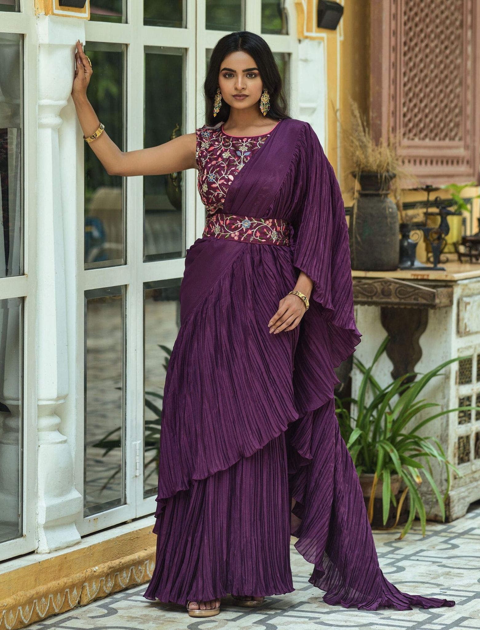 Purple Chinon Silk Sarees And Fancy Heavy Multi Sequence Work Blouse Piece