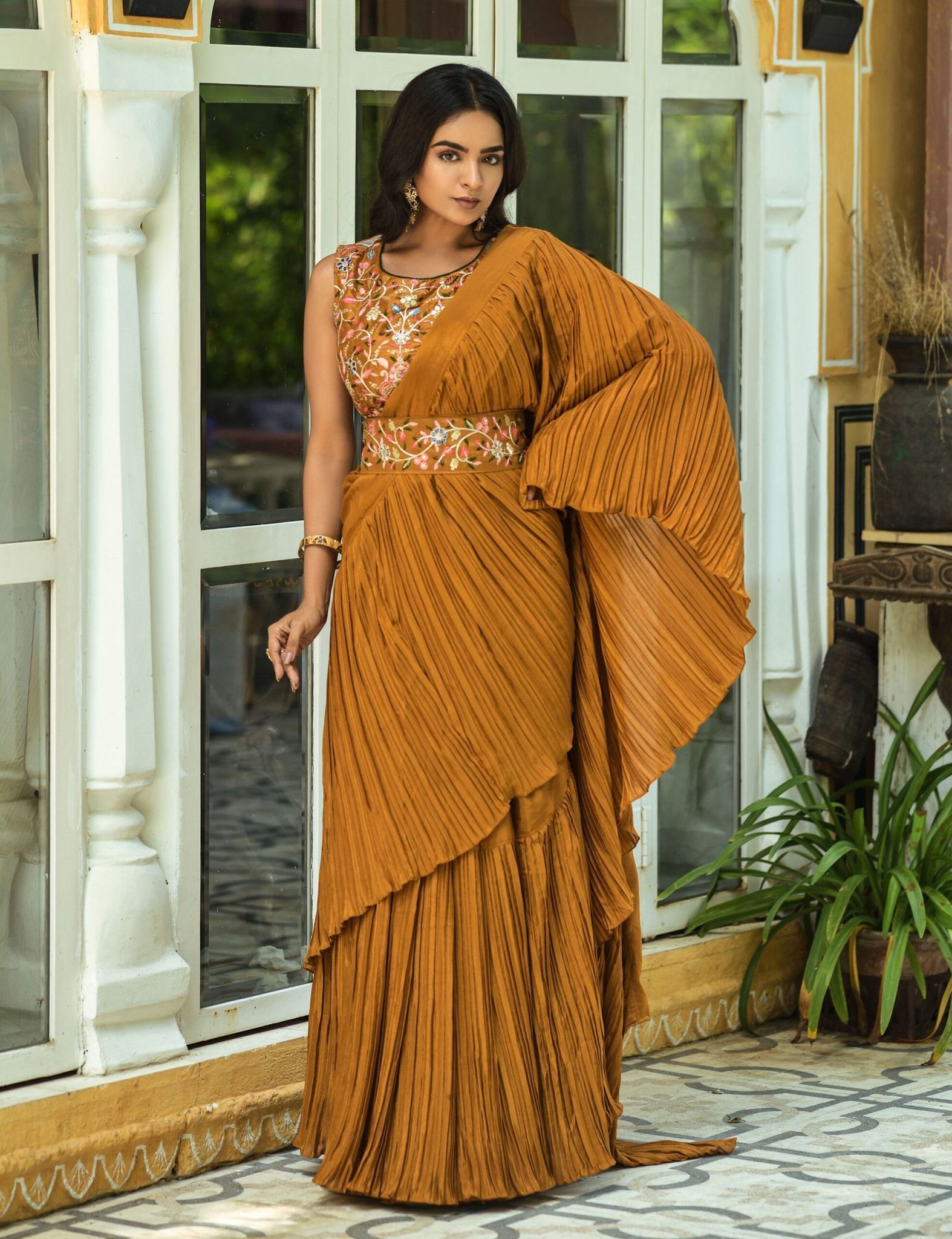 Golden Chinon Silk Sarees And Fancy Heavy Multi Sequence Work Blouse Piece