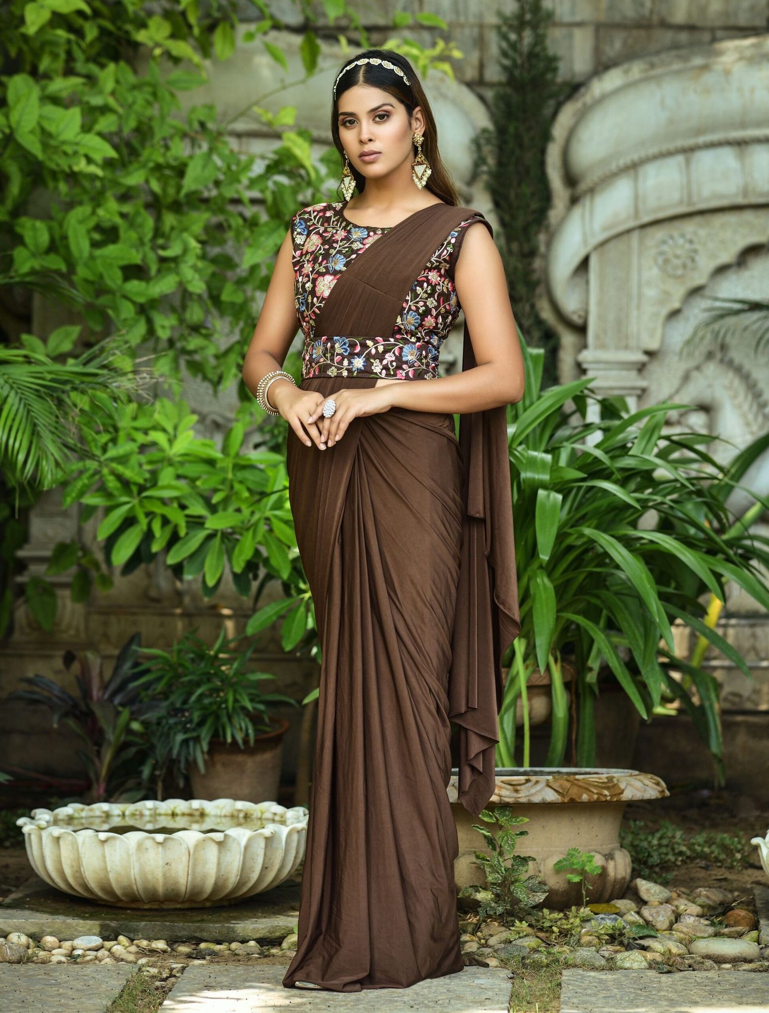 Brown Chinon Silk Sarees And Fancy Heavy Multi Sequence Work Blouse Piece