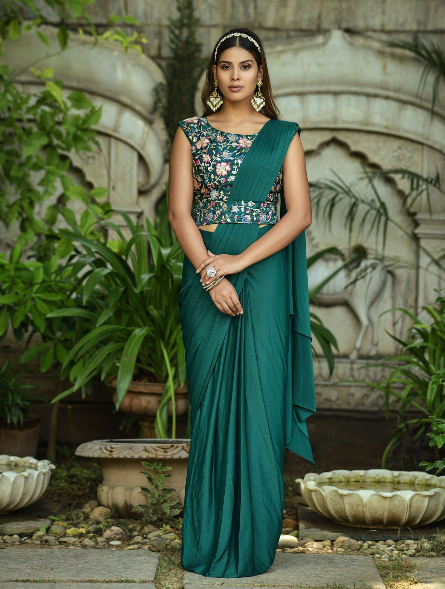 Teal Chinon Silk Sarees And Fancy Heavy Multi Sequence Work Blouse Piece