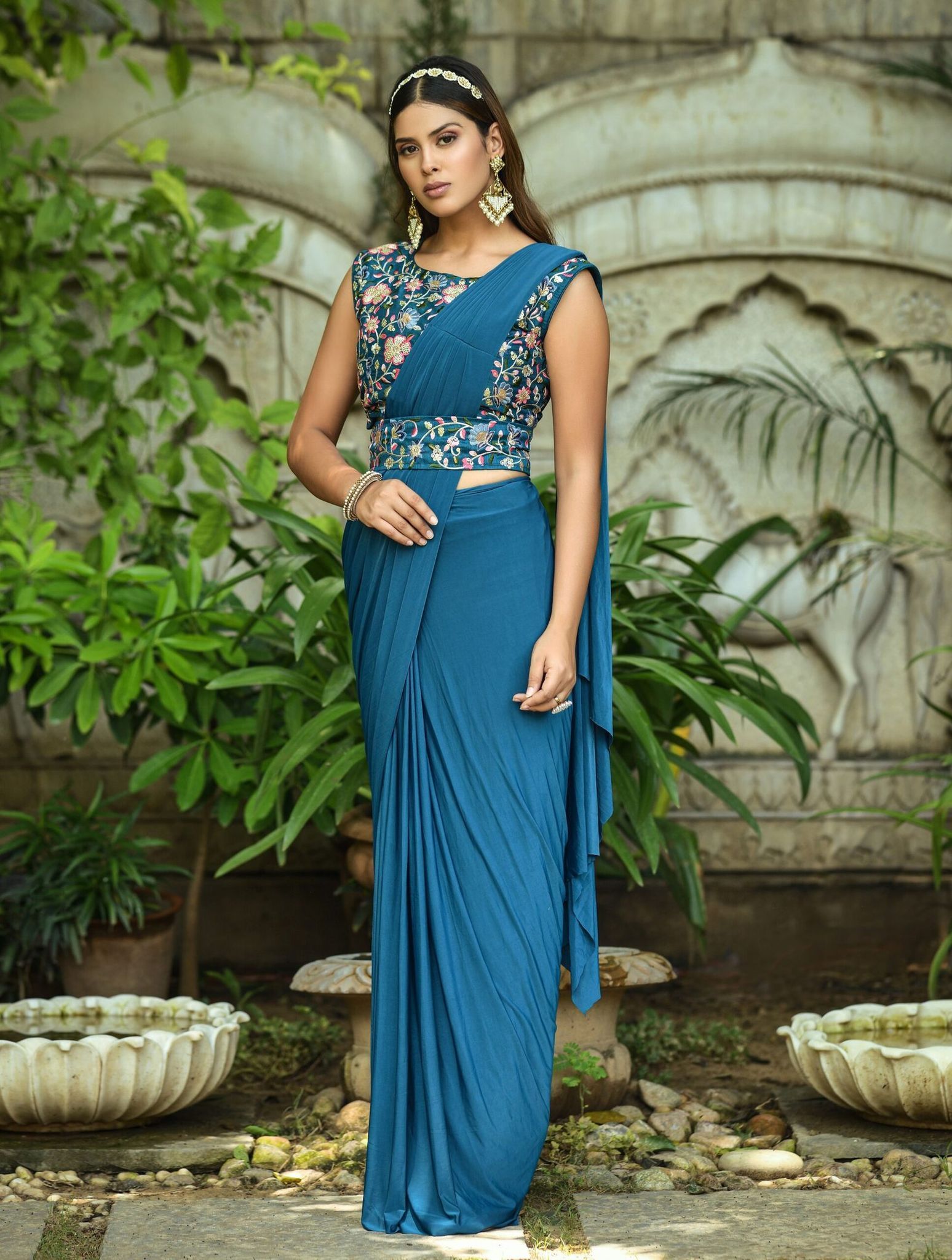 Blue Chinon Silk Sarees And Fancy Heavy Multi Sequence Work Blouse Piece