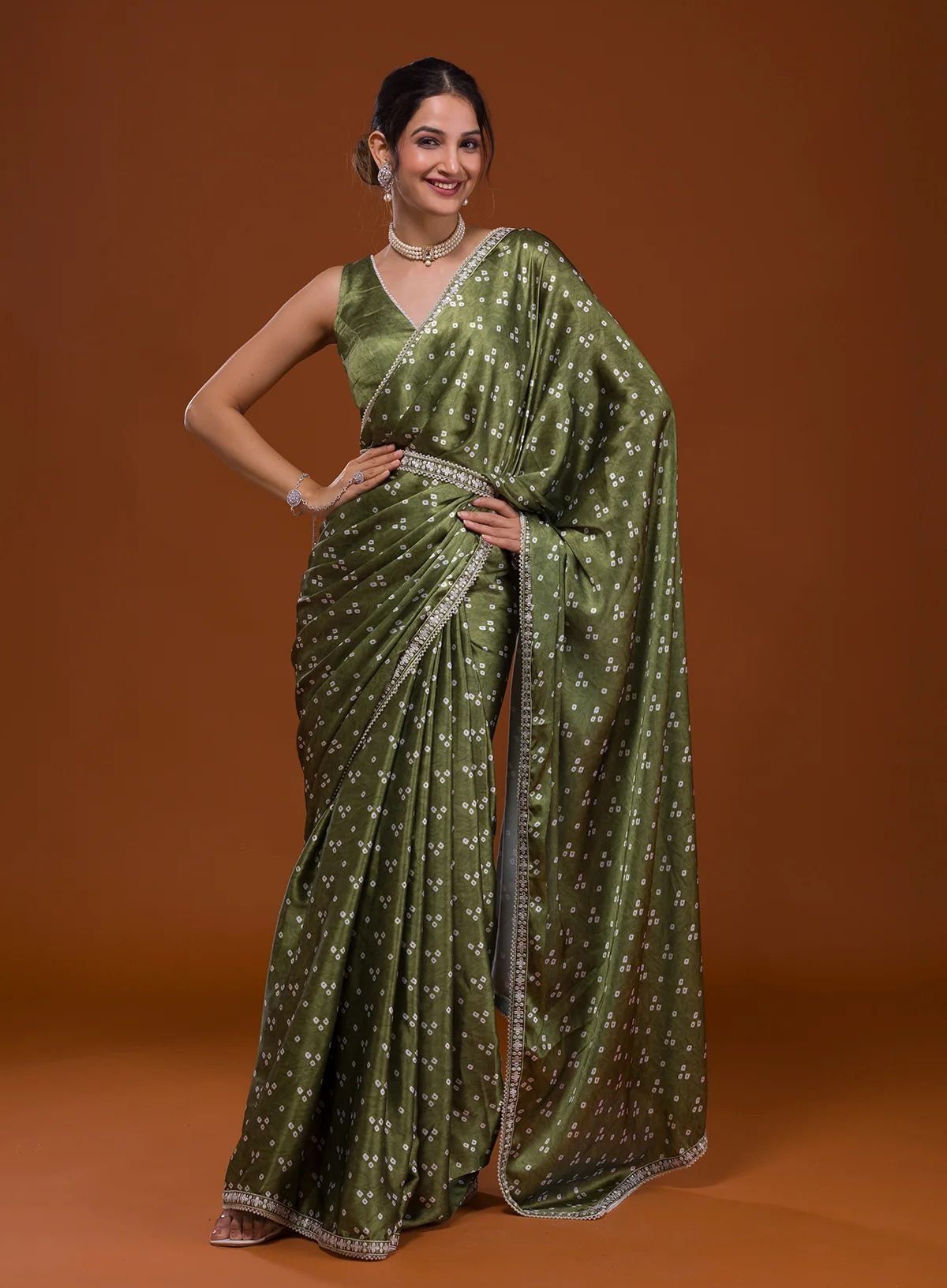 Green Bandhani Satin Saree Saree With Sequence Embroidery Lace Border And Plain Blouse Piece