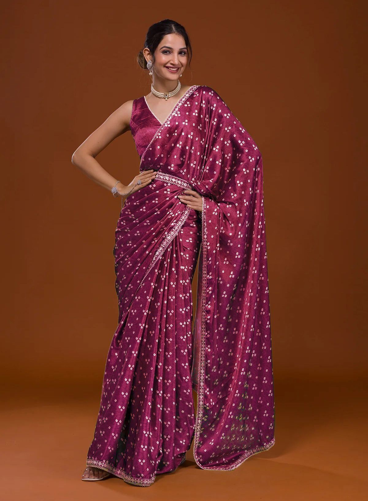 Maroon Bandhani Satin Saree Saree With Sequence Embroidery Lace Border And Plain Blouse Piece