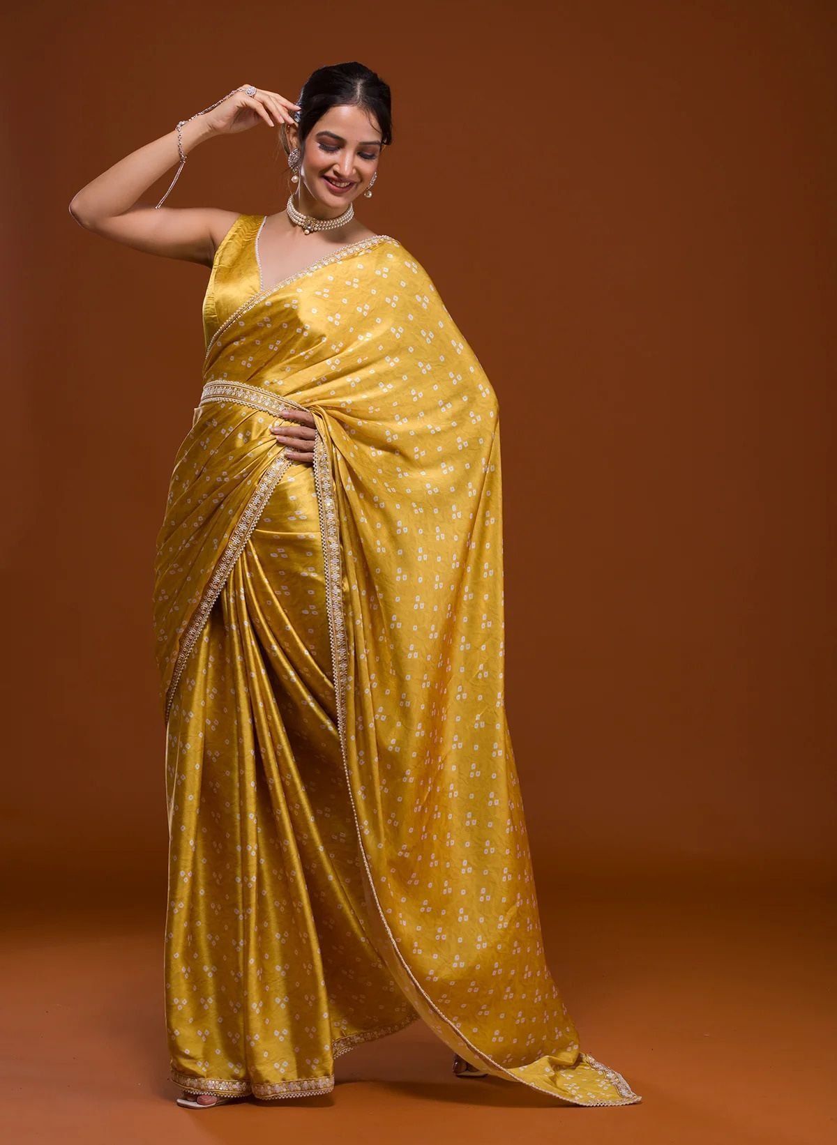 Yellow Bandhani Satin Saree Saree With Sequence Embroidery Lace Border And Plain Blouse Piece