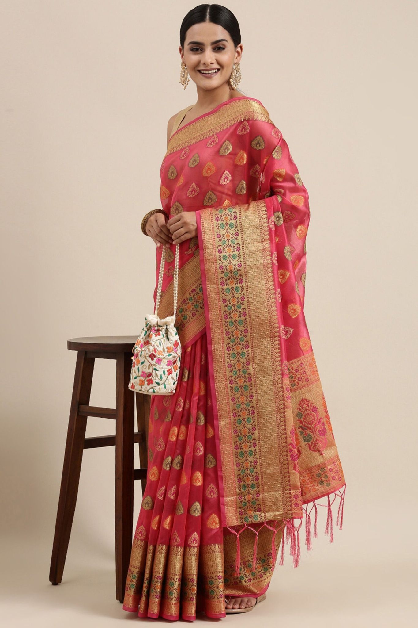 Pink Chinon Silk Sarees And Fancy Heavy Multi Sequence Work Blouse Piece