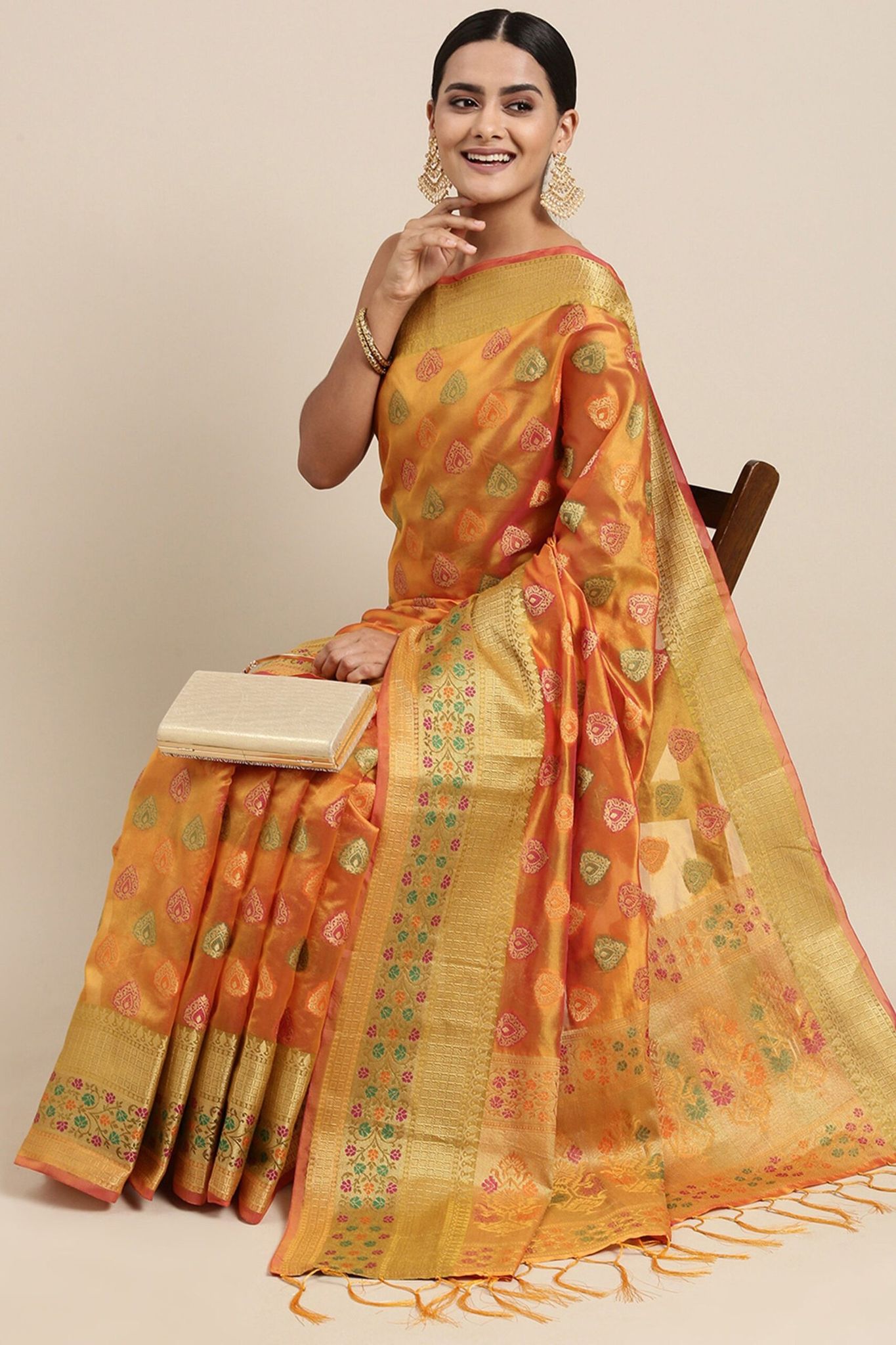 Orange Chinon Silk Sarees And Fancy Heavy Multi Sequence Work Blouse Piece