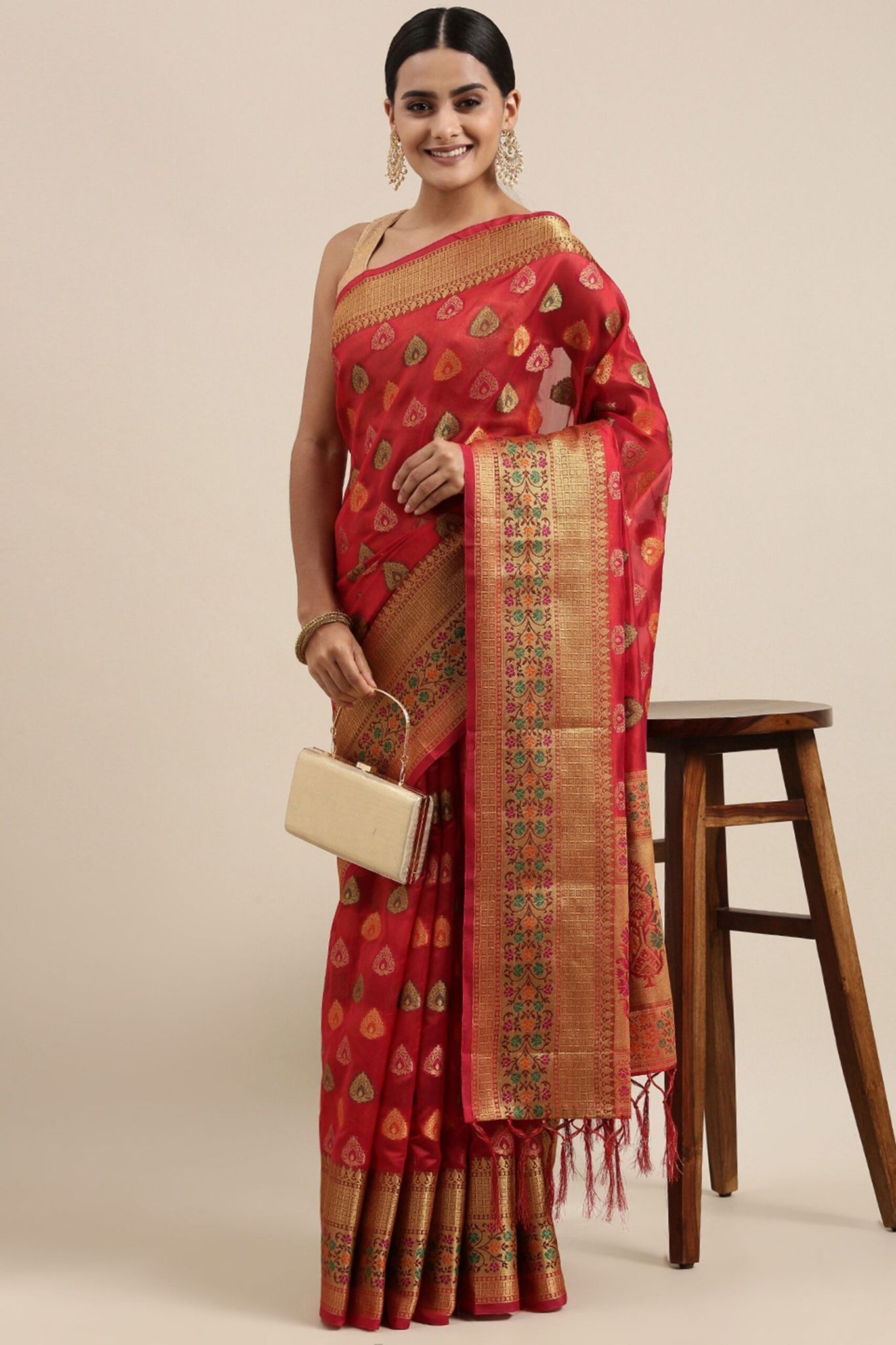 Red Chinon Silk Sarees And Fancy Heavy Multi Sequence Work Blouse Piece