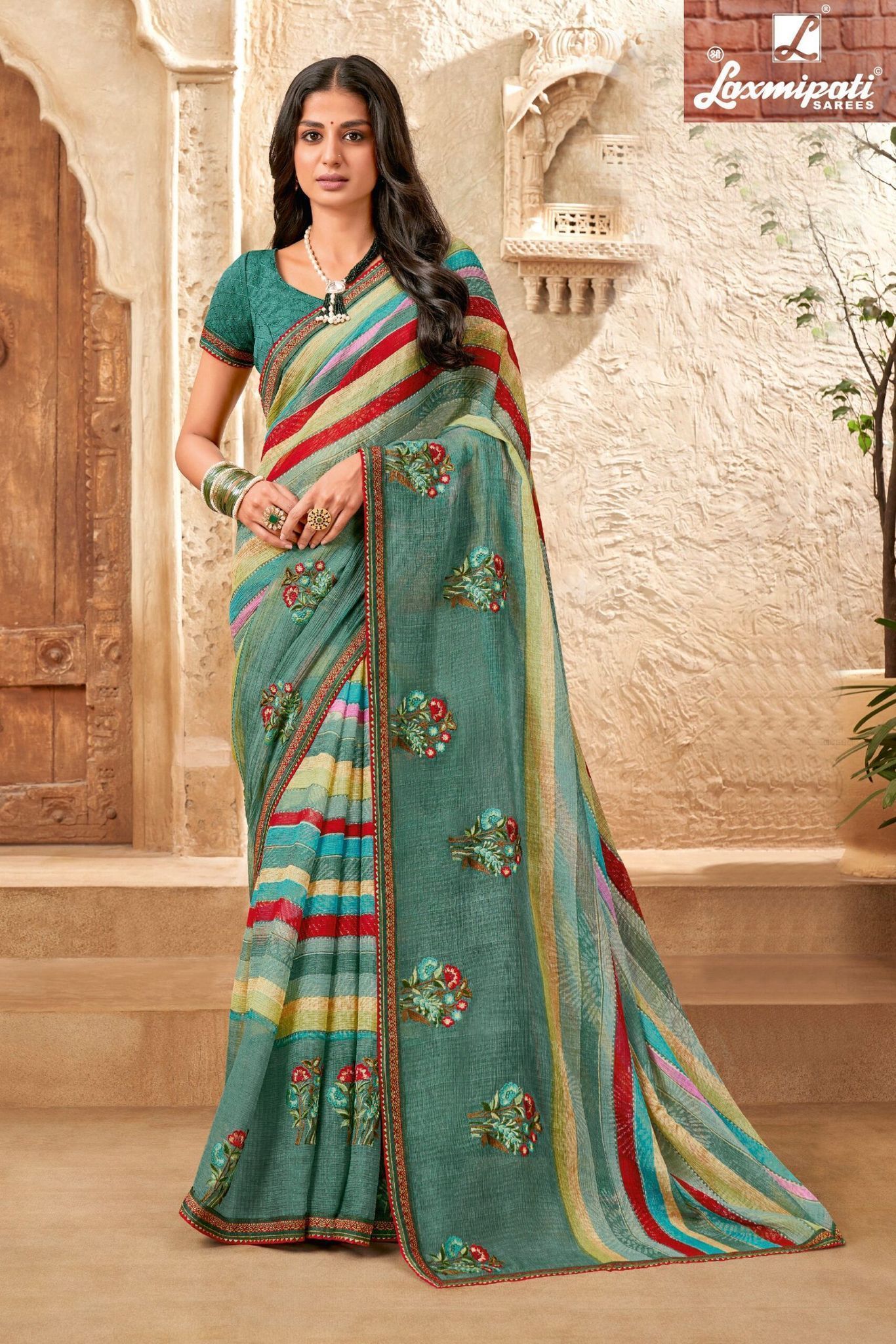 Multicolor Color Chiffon Saree With Embroidery Border And Fancy Resham Embroidery Blouse Piece