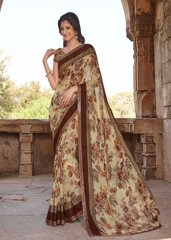Multicolor Color Floral Print Georgette Saree With Attached Border And Blouse Piece