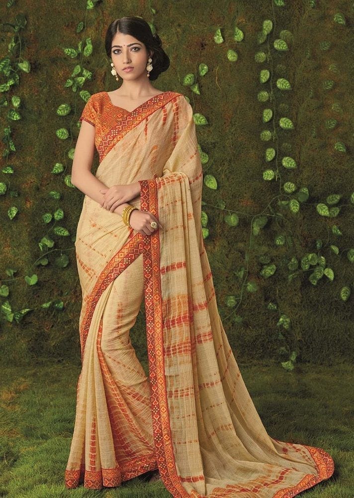 Beige Color Chiffon Saree With Fancy Print Border And Blouse Piece