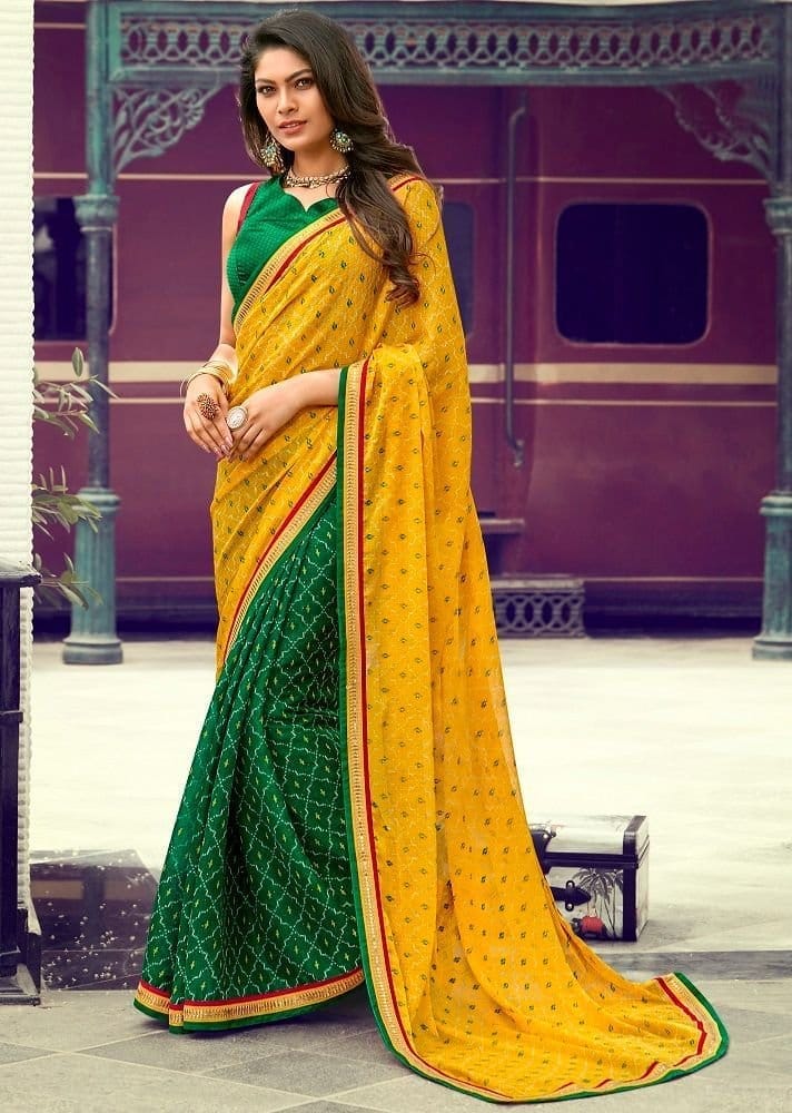 Yellow Color Stone Work Chiffon Saree With Fancy Border And Dupion Silk Blouse Piece