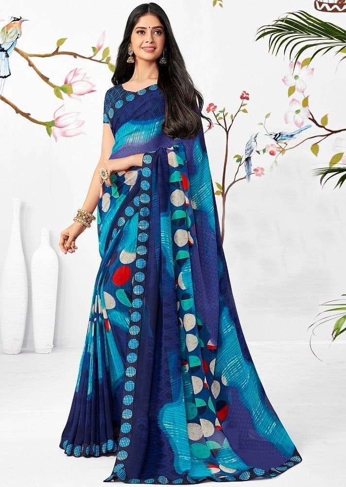 Multicolor Color Georgette Saree With Fancy Border And Raw Silk Blouse Piece
