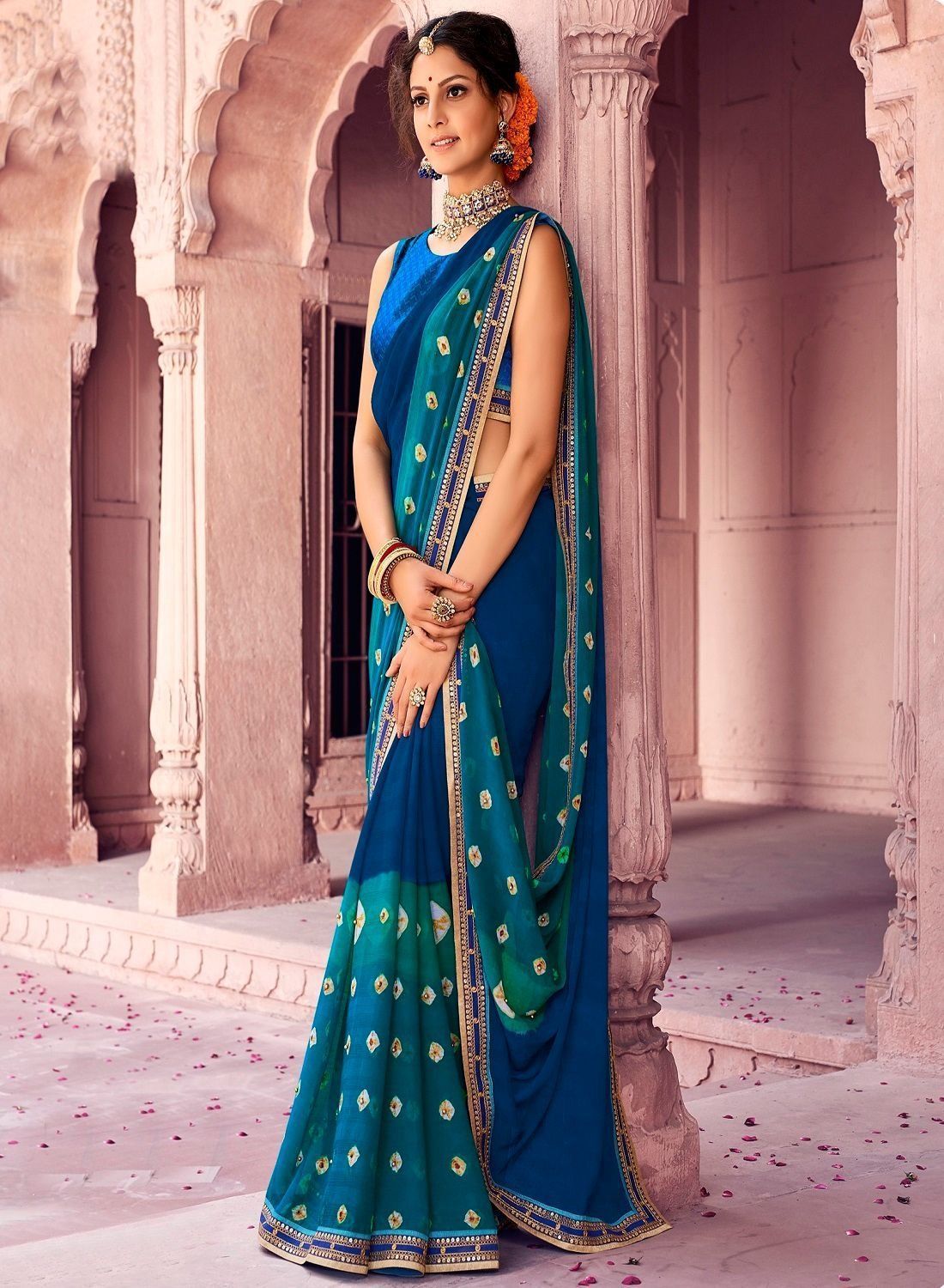 Laxmipati Blue Tye N Dye Printed Faux Chiffon Saree