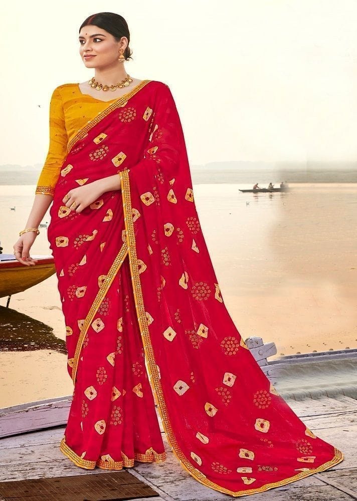 Red Color Stone Work Georgette Saree With Embroidery Border And Embroidery Blouse Piece