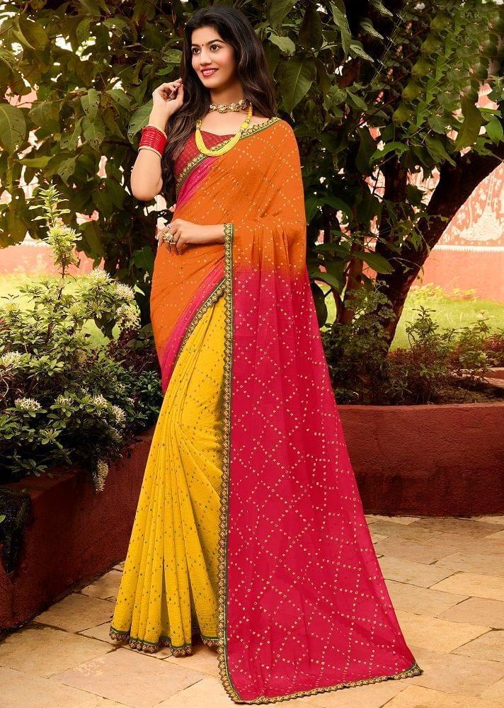 Multicolor Color Half & Half Chiffon Saree With Border And Raw Silk Blouse Piece