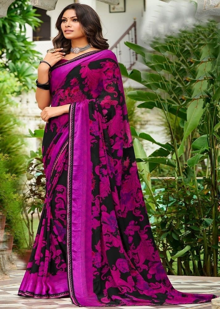 Multicolor Color Georgette Printed Saree With Border And Blouse Piece